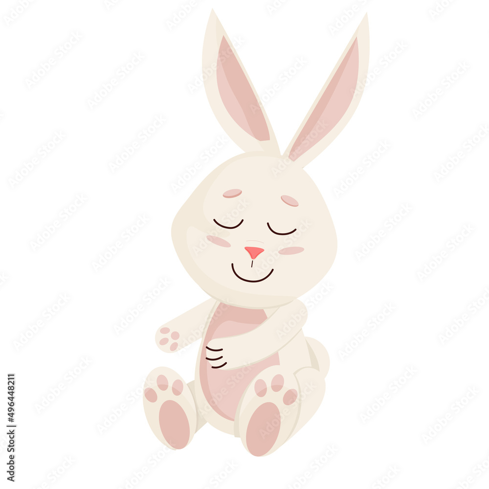 Rabbit Sitting. Cute Bunny. Happy Easter Day, Cartoon Character Design. Illustration Isolated on White Background.