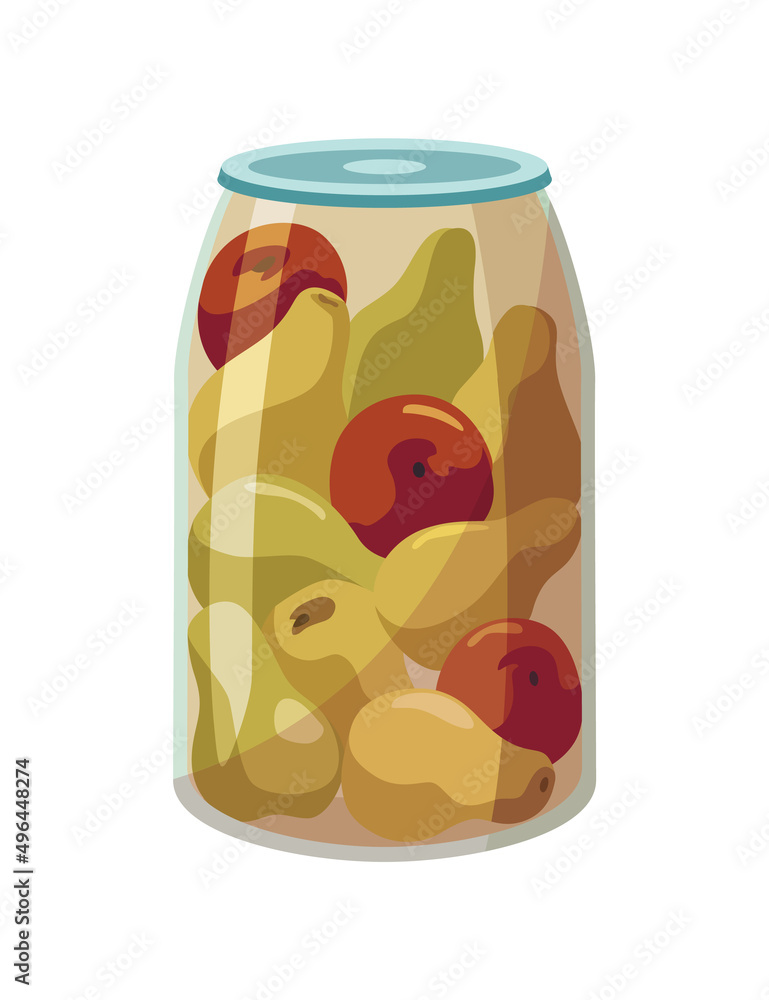 Jar preserved fruts. Can of pickled apple and pear. Cartoon canned food in glass. Grocery conserve container Jar preserved fruts. Can of pickled apple and pear. Cartoon canned food in glass. Grocery conserve container