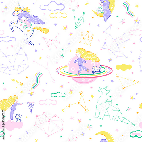 Little girl Rollerblading on Saturn rings Riding unicorn Catching stars with net vector seamless pattern. Magical cosmic sweet dreams of baby girl in outer space. Pyjamas party surface design.
