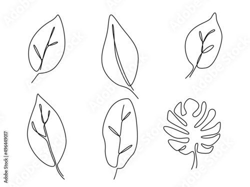set of one line continuous drawing tropical leaf. Summer botanical leaf