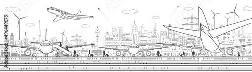 Airport illustration. The plane is on the runway. Aviation transportation infrastructure. Airplane fly, people get on the plane. Modern city at white background, black outline, vector design art