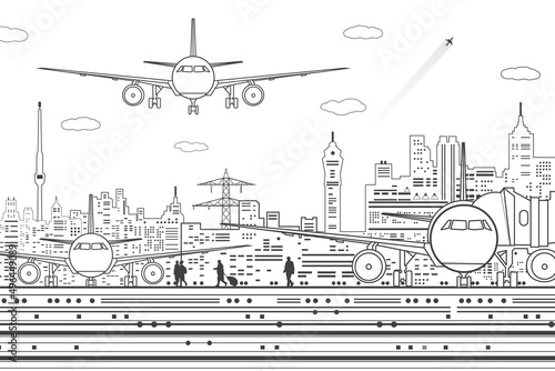 Airport illustration. The plane is on the runway. Aviation transportation infrastructure. Airplane fly, people get on the plane. Modern city at white background, black outline, vector design art