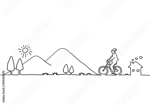 自転車に乗る人と田舎の風景 手描き線画