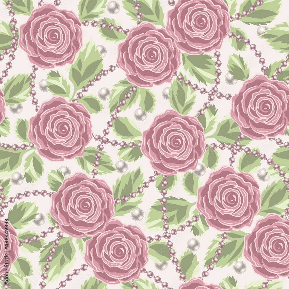 Seamless pattern with pale pink vintage roses, leaves, pearl strings, pearls beads on white background. Vector illustration.