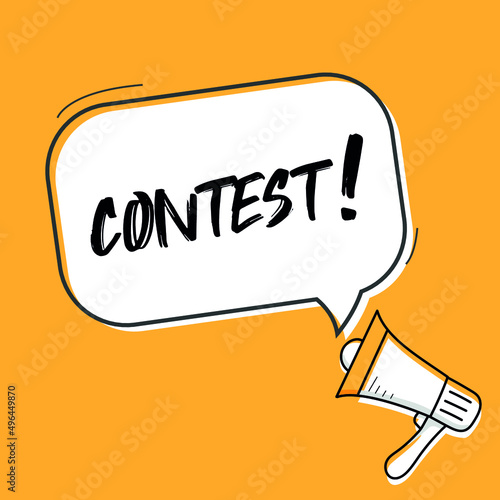 Male hand holding megaphone with contest speech bubble. Loudspeaker. Banner for business, marketing and advertising. Vector illustration