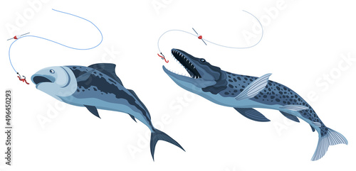 Predatory fish catch. Cartoon fish catching the fishing lure. Pike fishing is jumping to catch bait on hook. Sports hobby. Fishing or hunting on worm vector illustration