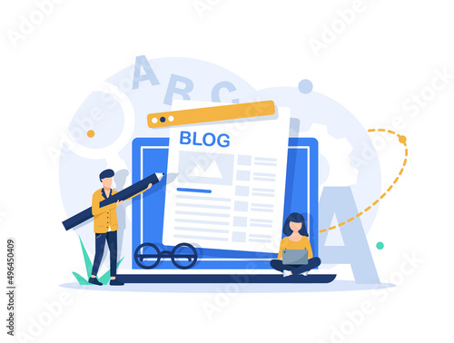 Content writer. Blog articles creation concept with people characters, freelance work business and marketing