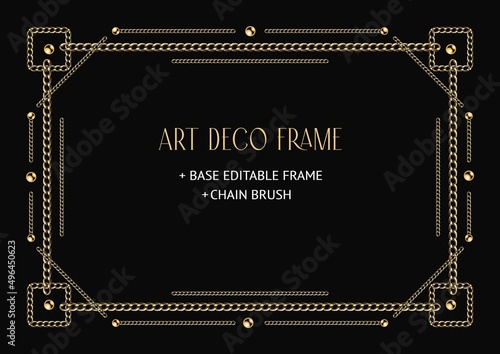 Art deco geometric frame made of golden chain and beads. Chain brush, base editable frame included. Vintage old antique elegant vector design with copy space.
