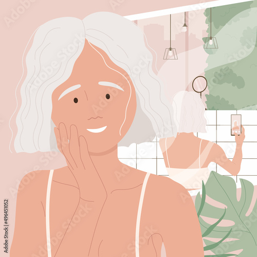 Beautiful, self confident woman looking at her gray hair in a mirror. Natural phenomenon of grey hair concept. Self-acceptance, self-love. Flat vector illustration. Isolated on pink background.