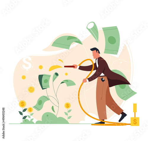 Business investment profit. Businessman growing money tree with coins, caring, making profit. Vector illustration for successful business. Income and earnings, investor strategy, financing concept.