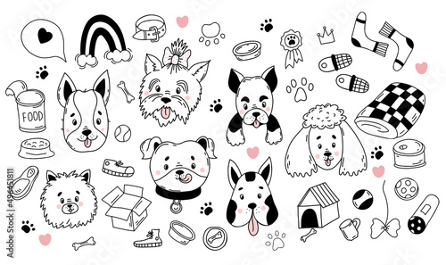 Big collection of pets. Cute dog characters of different breeds, toys and paw prints, booth, food and feed. Vector illustration. Isolated linear hand drawn doodles for design and decor