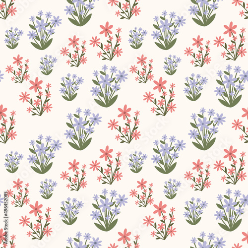 Floral pattern. Illustration with little flowers. Print with flowers and leaves for textiles, printing, clothing, packaging, decor and wallpaper. Seamless surfase design