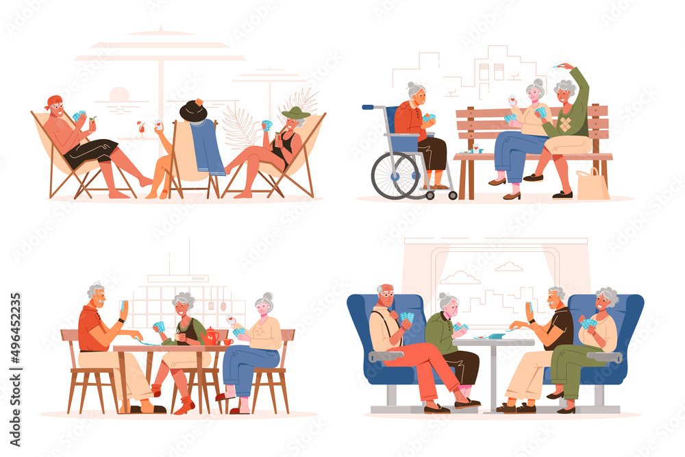 Set of older people playing cards. Playing cards on the beach, on the train, in the park and at home. Flat vector illustration.