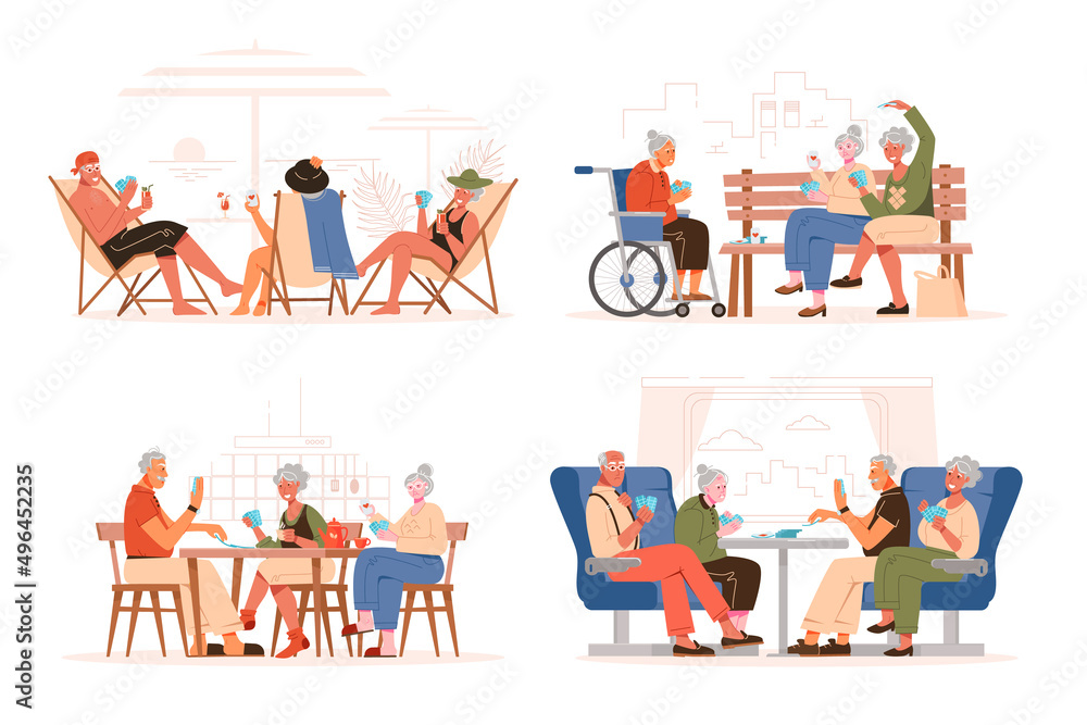 Set of older people playing cards. Playing cards on the beach, on the train, in the park and at home. Flat vector illustration. Set of older people playing cards. Playing cards on the beach, on the train, in the park and at home. Flat vector illustration.