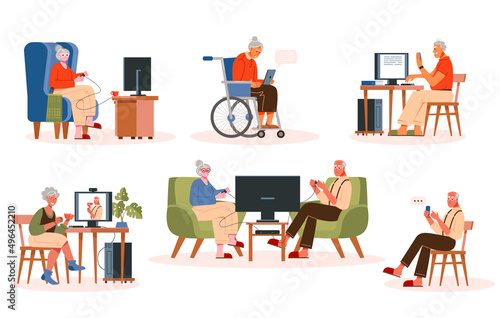 Set of modern seniors with different gadgets. Education and recreation. Old progressive people use modern technology. Flat vector illustration.