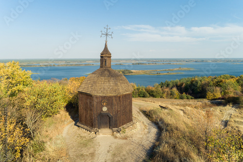 Photography Autumn magnificent aerial panorama  view of Vitachov (Vytachov) on a  Dneper river, Ukraine