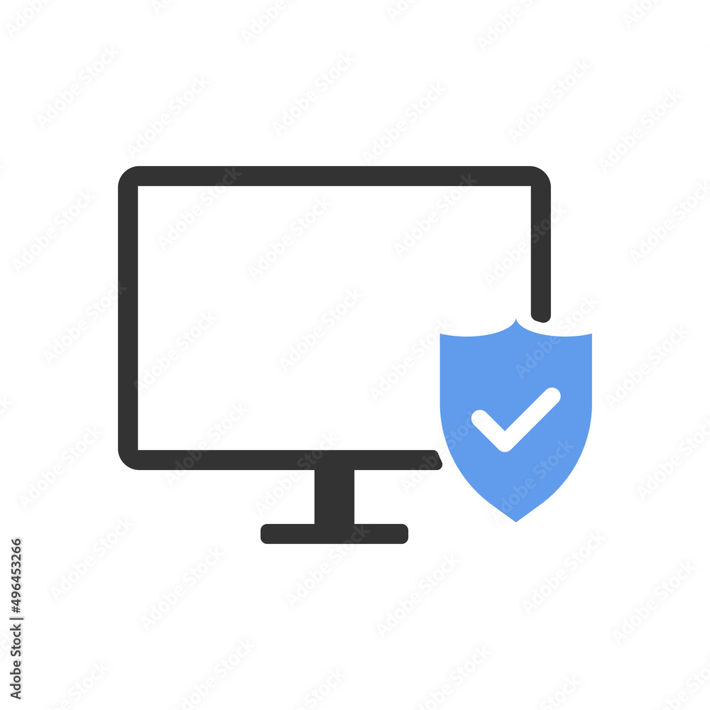 Computer and blue approval shield vector icon Computer and blue approval shield vector icon