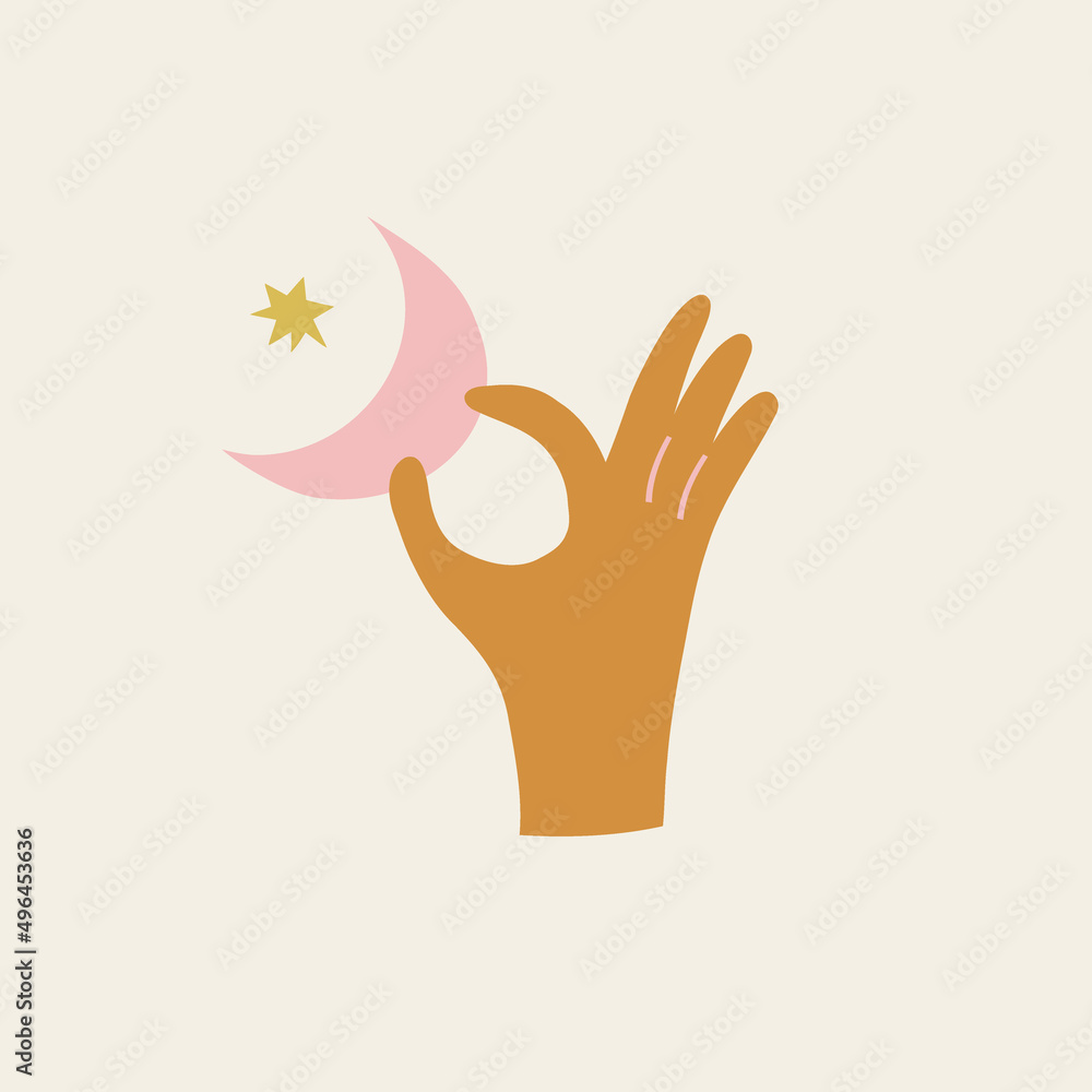 Boho baby celestial human hand holding moon crescent with star vector illustration. Scandinavian decorative childish print for nursery decor and baby fashion. Boho baby celestial human hand holding moon crescent with star vector illustration. Scandinavian decorative childish print for nursery decor and baby fashion.