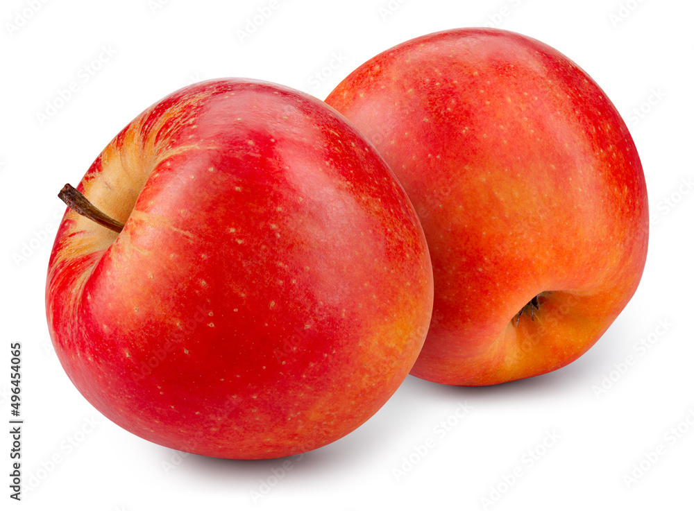 Red apple with yellow side isolated. Two Apples on white background. Red appl with clipping path. Full depth of field.