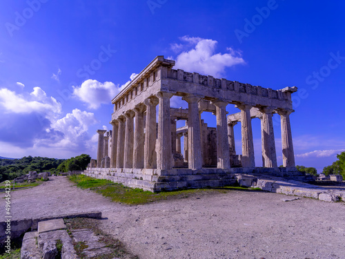 A 3/4 view of the Temple of Aphaia (or Afaea). Aegina island, Saronic gulf, Greece.