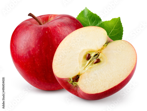 Red apple with a half isolated. Apples with green leaves on white background. Red appl cut out with clipping path. Full depth of field. photo