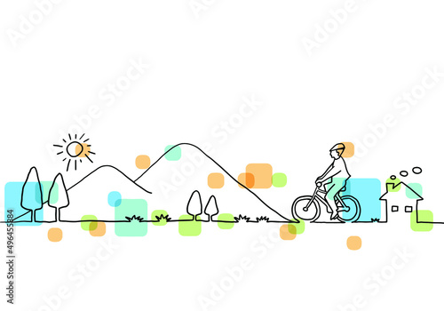 自転車に乗る人と田舎の風景　手描き線画