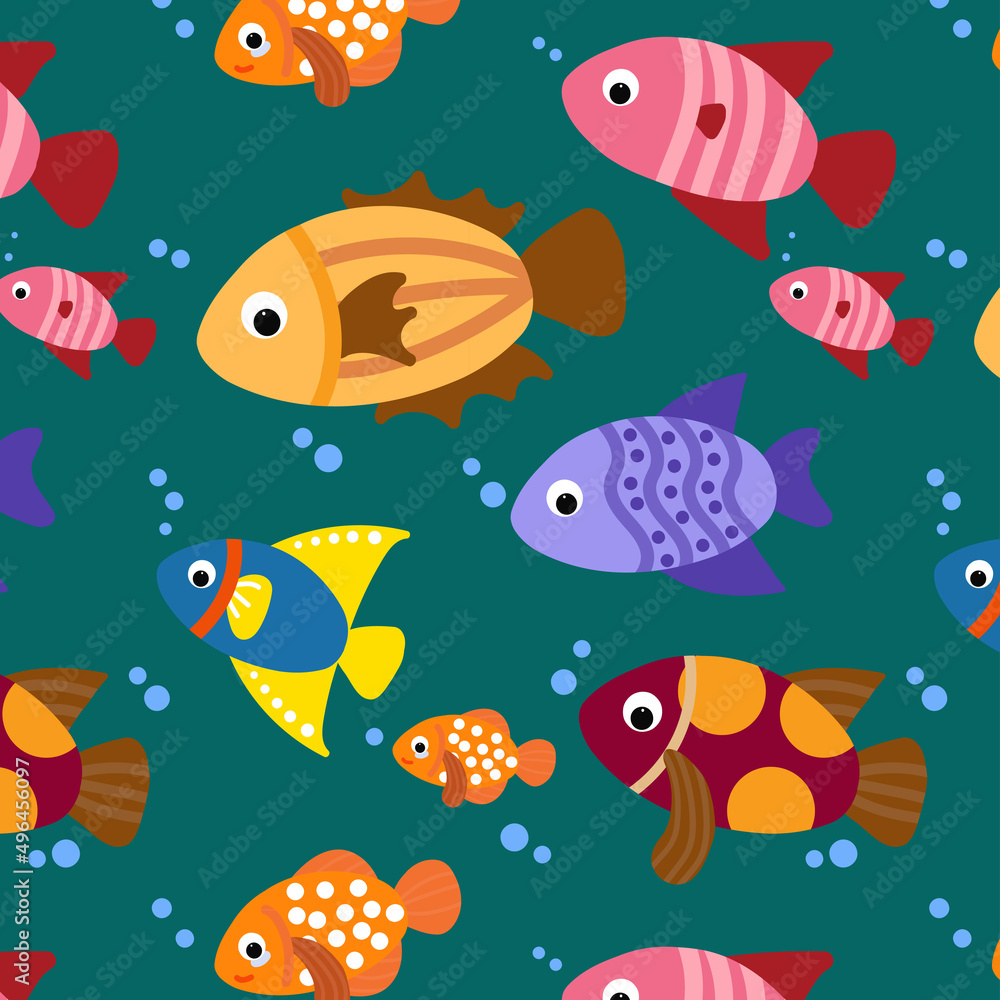 Seamless pattern with cute fishs. Vector drawing cute for kids background