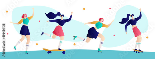 Roller skating girls with record player dancing illustration vector. Girl power concept poster. Summer time
