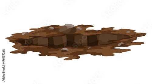 Hole ground. Entrance underground, big crack or ruin. Dirty, dark entrance, detailed drawing in cartoon style. Deep pit. Cartoon den of wild animal