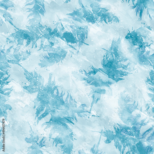 Seamless watercolor abstract background with beautiful blue, White feathers, autumn leaf drawings. Vintage illustration with an abstract blue, White paint glue. For textiles, material,wallpapers.