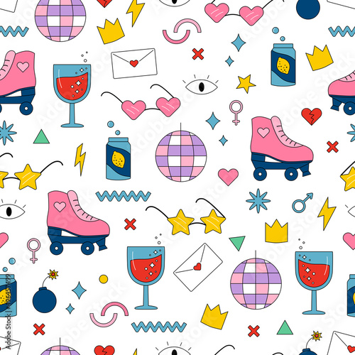 Seamless pattern with doodles 70s, 80s and 90s style. Hand drawn disco ball, rollers, sunglasses and drinks. Vector illustration ideal for party.