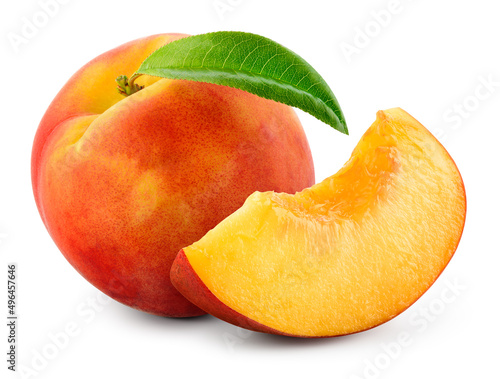 Peach isolated. Whole peach with slice on white background. Peach fruit with leaf cut out. With clipping path. Full depth of field.