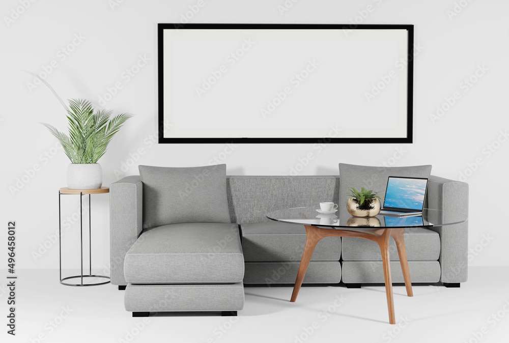 Room view with sofa, table and laptop and frames for filling content. A minimalistic concept, a modern flat in a light pastel color. 3D render, 3D illustration. Room view with sofa, table and laptop and frames for filling content. A minimalistic concept, a modern flat in a light pastel color. 3D render, 3D illustration.