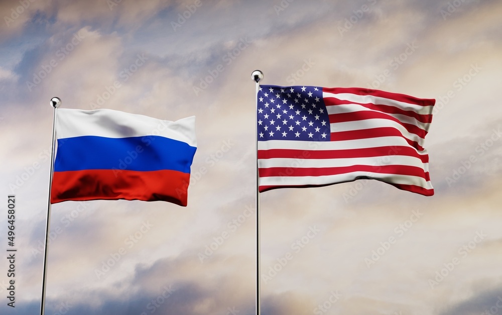 Obraz premium US and Russia flags flying in the sky. The concept of US talks with Russia, diplomatic problems. Conflict between the USA and Russia. 3D render, 3D illustration.
