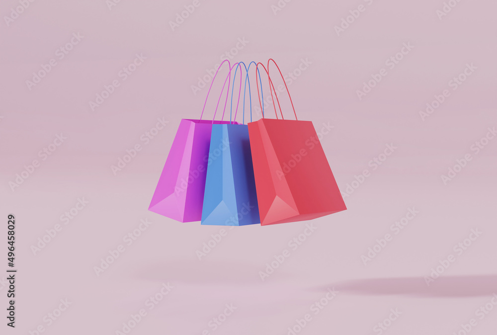 Shopping bags in pastel colors on a pastel background. The concept of shopping, buying clothes, shoes. Business concept. 3D render, 3D illustration.