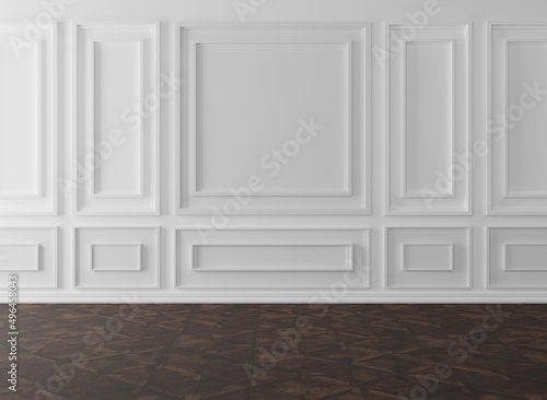 Classic wall  empty interior with wall panels and a wood  reflective floor. Modern minimalist interior with panels on the wall. 3D render  3D illustration.