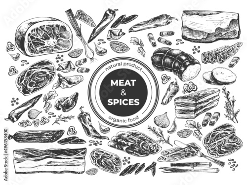 510_meat and spices meat, pork, beef, prosciutto, jamon, ham, idea, tenderloin, neck, brisket, spice set, pepper, onion, garlic, peas, sliced ​​pieces, rosemary, cilantro, graphic frame set, engraving