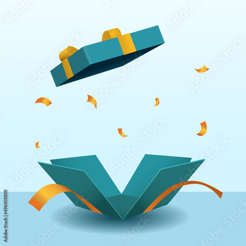 Surprise open dark blue gift box isolated with orange ribbon 3d style
