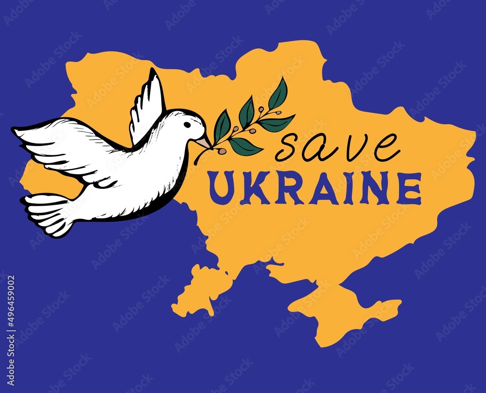 Save Ukraine. Ukraine map silhouette and flying bird as a symbol of peace in blue and yellow colors of ukrainian flag. Patriotic symbol. Vector illustration