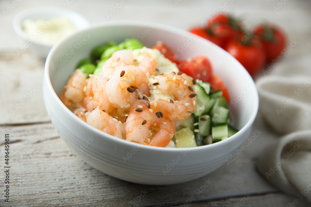Homemade rice bowl with shrimps and vegetables Homemade rice bowl with shrimps and vegetables