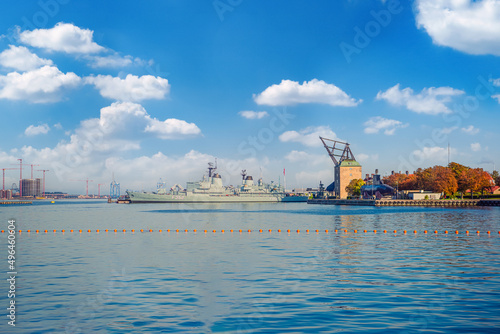 Photography Holmen Naval Base and Masting Sheer Mastekranen and the Design Building with big warship