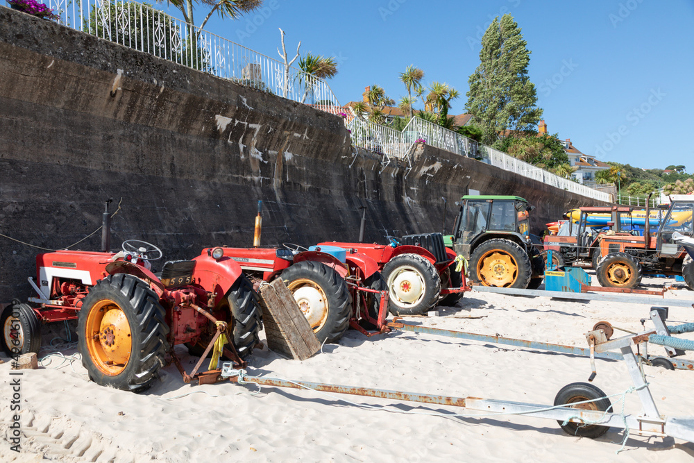 JERSEY, CHANNEL ISLANDS JUNE 08, 2019 The old Tractors that are used on St Brelade's beach to