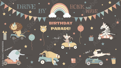 Collection of drive-by birthday parade theme illustrations. Cute animals in a car, lion, zebra, elefant, monkey, sloth, rainbow and clouds, balloons, gift boxes, and stars.