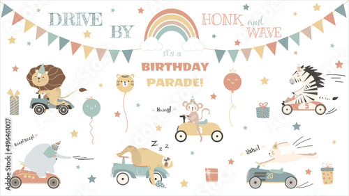 Collection of Safari drive-by birthday parade theme illustrations. Cute animals in a car, lion, zebra, elefant, monkey, sloth, rainbow and clouds, balloons, gift boxes, and stars.
