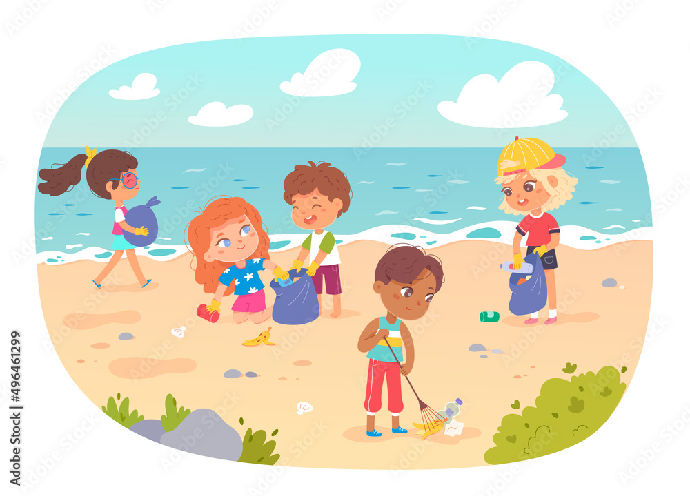 Kids cleaning ocean or sea beach from garbage, volunteers helping to clean nature Kids cleaning ocean or sea beach from garbage, volunteers helping to clean nature