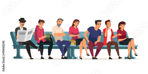 People sit on city park or garden bench, talking on phone, reading newspaper, waiting