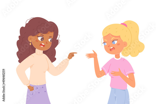 Angry fight and quarrel of two female characters, adult woman scolding mad teenager