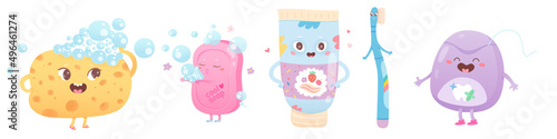 Cute hygiene characters set, funny toothpaste, toothbrush and dental floss to brush teeth