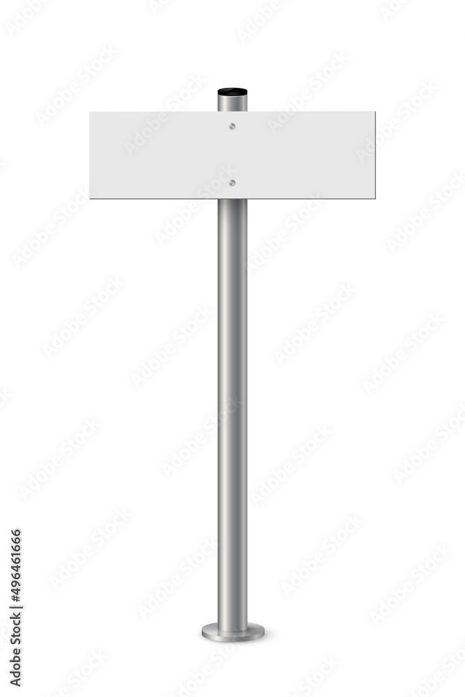 Empty metal sign post vector illustration. Realistic 3d blank steel signboard with blank placard for information and white plank, billboard panel on bollard, guidepost isolated on white background. Empty metal sign post vector illustration. Realistic 3d blank steel signboard with blank placard for information and white plank, billboard panel on bollard, guidepost isolated on white background.