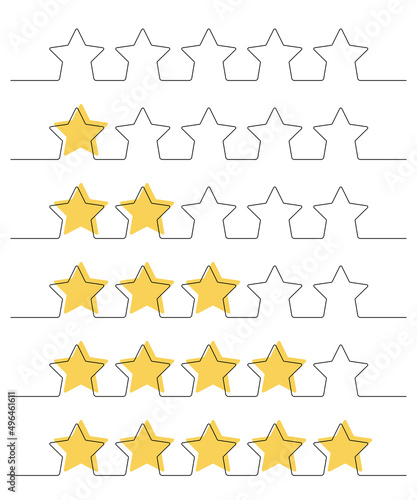 Product quality rating or customer review with stars from continuous line, linear symbols